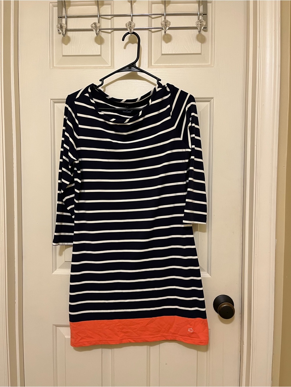 Southern Tide Navy and White Striped Top with Coral Accent